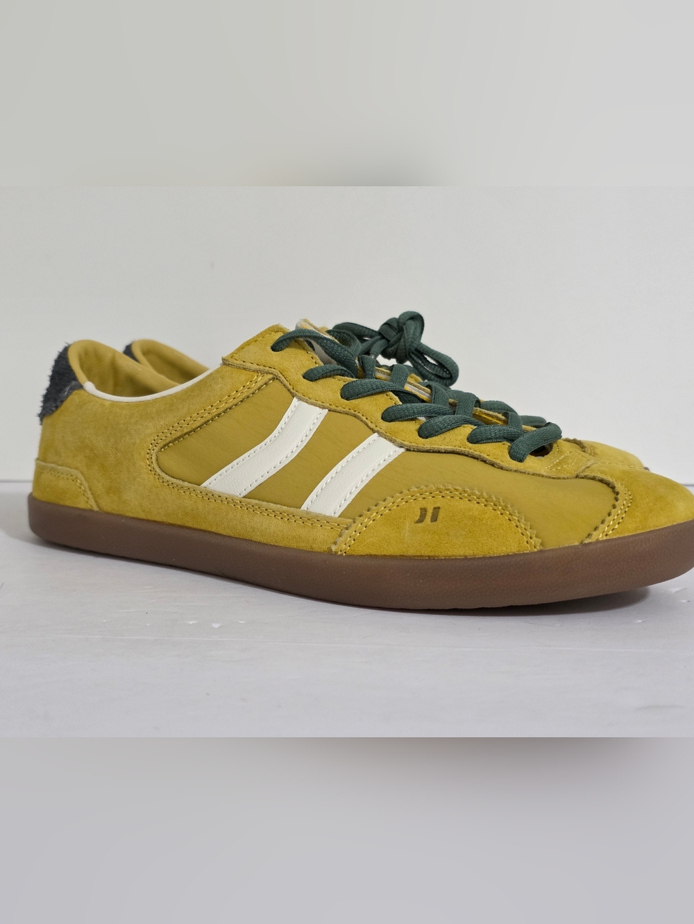 Coolway Mustard Yellow Suede Sneakers with White Stripes and Dark Green Laces - Picture 3 of 9